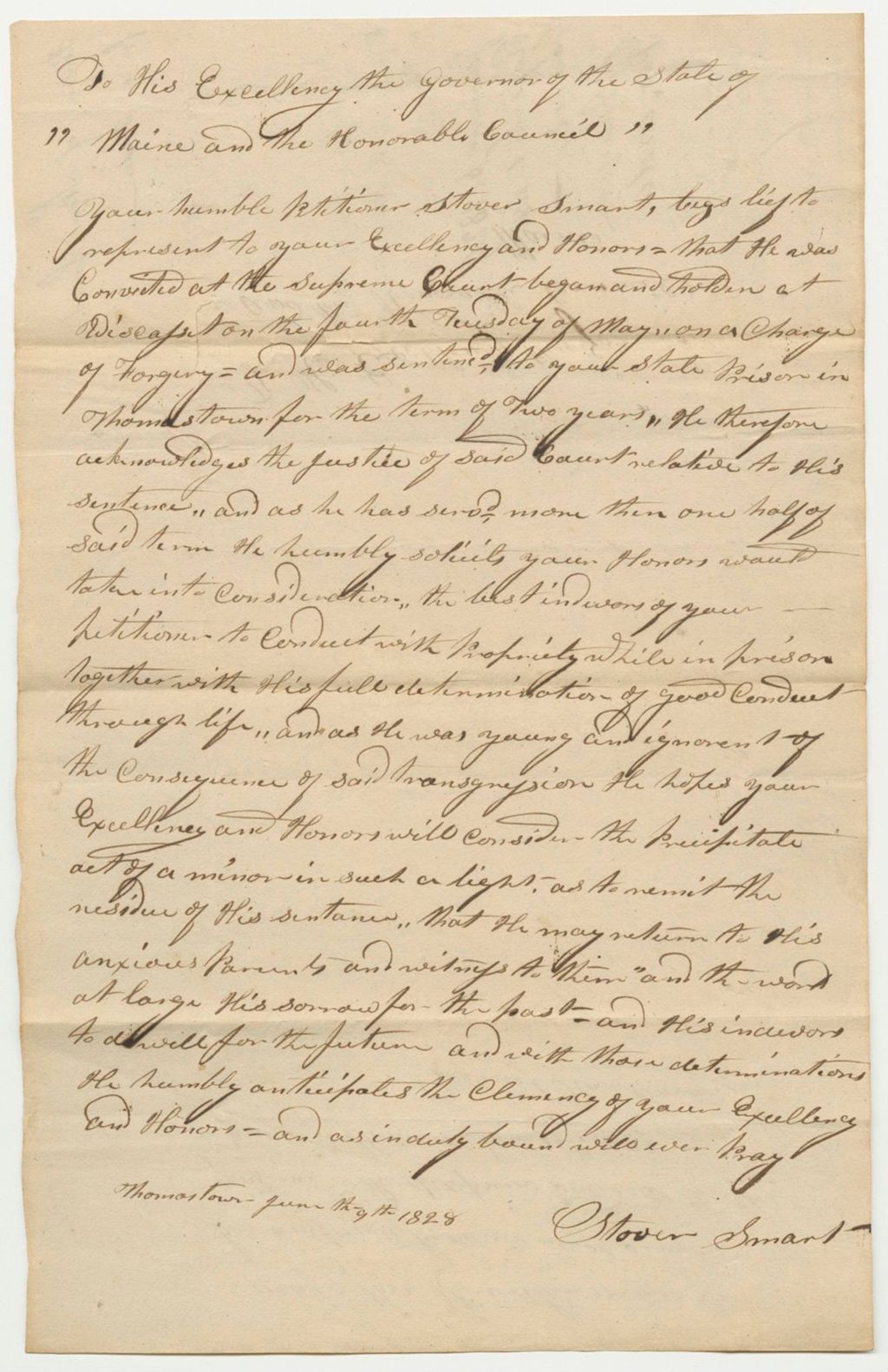Miniature of Petition of Stover Smart for a Pardon