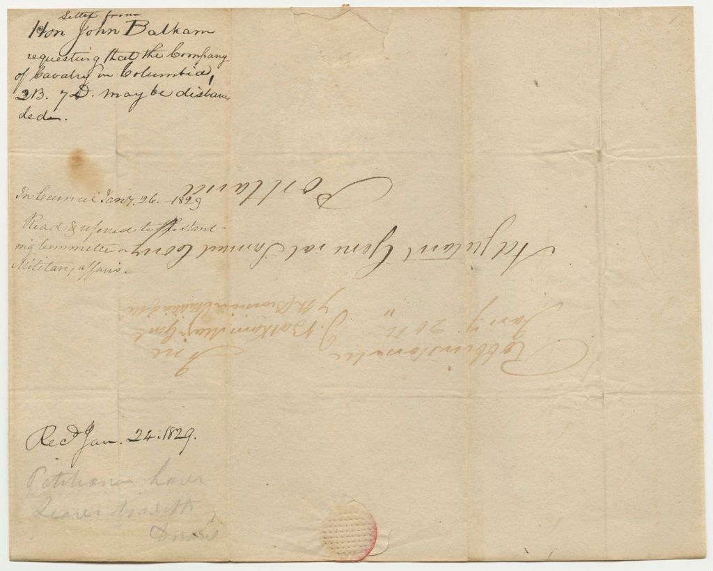 Miniature of Letter from Hon. John Balkam Requesting that the Company of Cavalry in Columbia May Be Disbanded