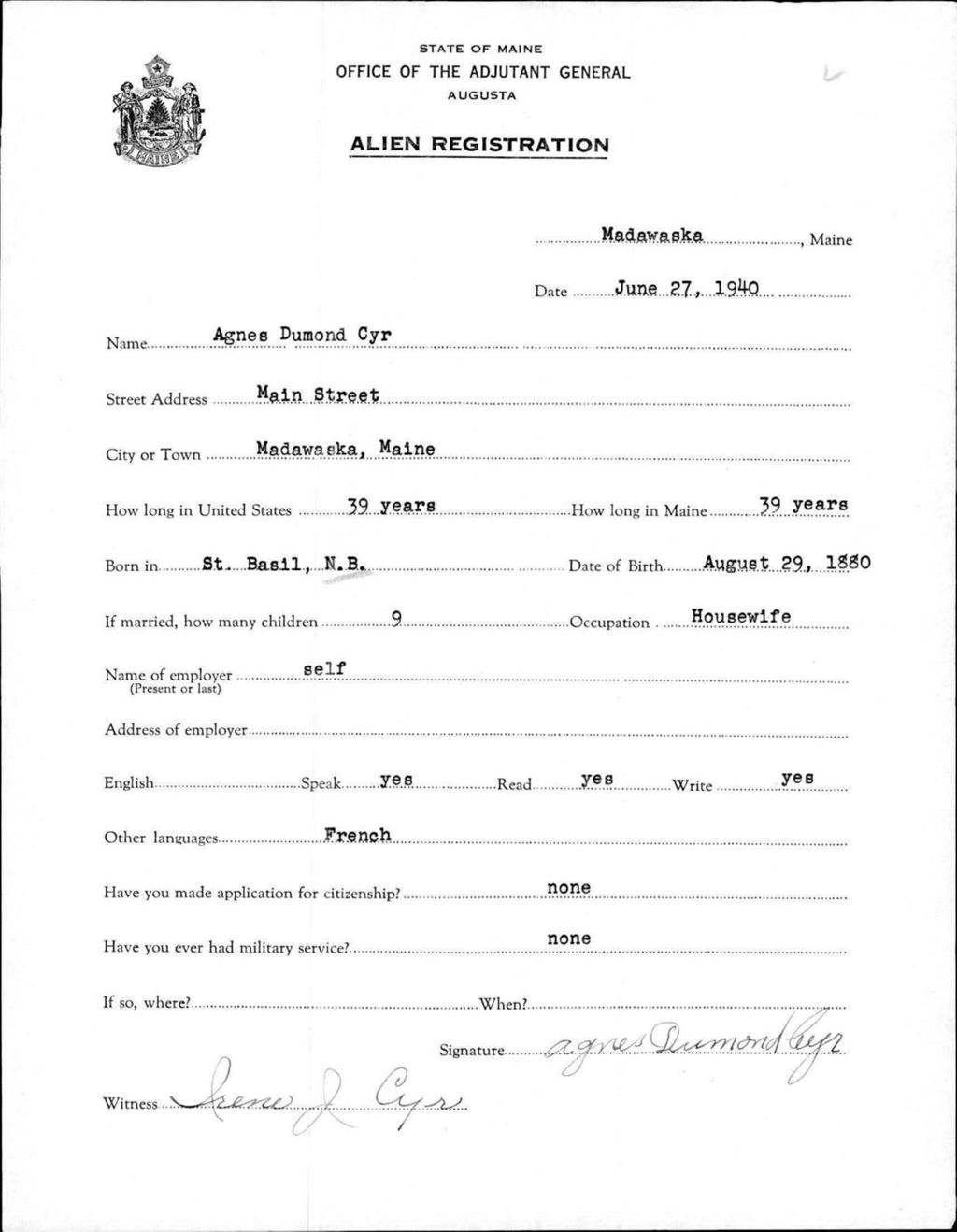Miniature of Alien Registration- Dumond, Agnes (Madawaska, Aroostook County)