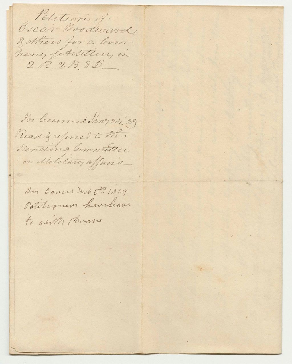 Miniature of Petition of Oscar Woodward and Others for a Company of Artillery in the 2R.2B.8D.