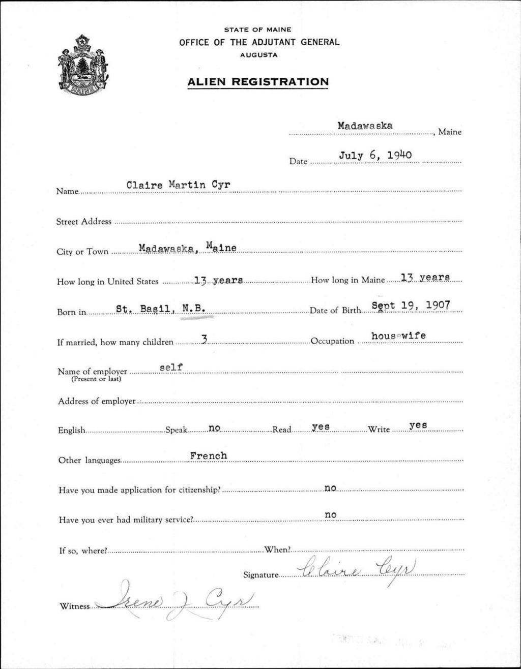 Miniature of Alien Registration- Martin, Claire (Madawaska, Aroostook County)