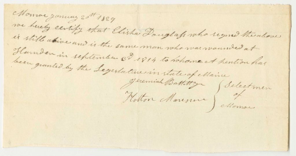 Miniature of Certification of Holton Mansim for the Pension of Elisha Douglas