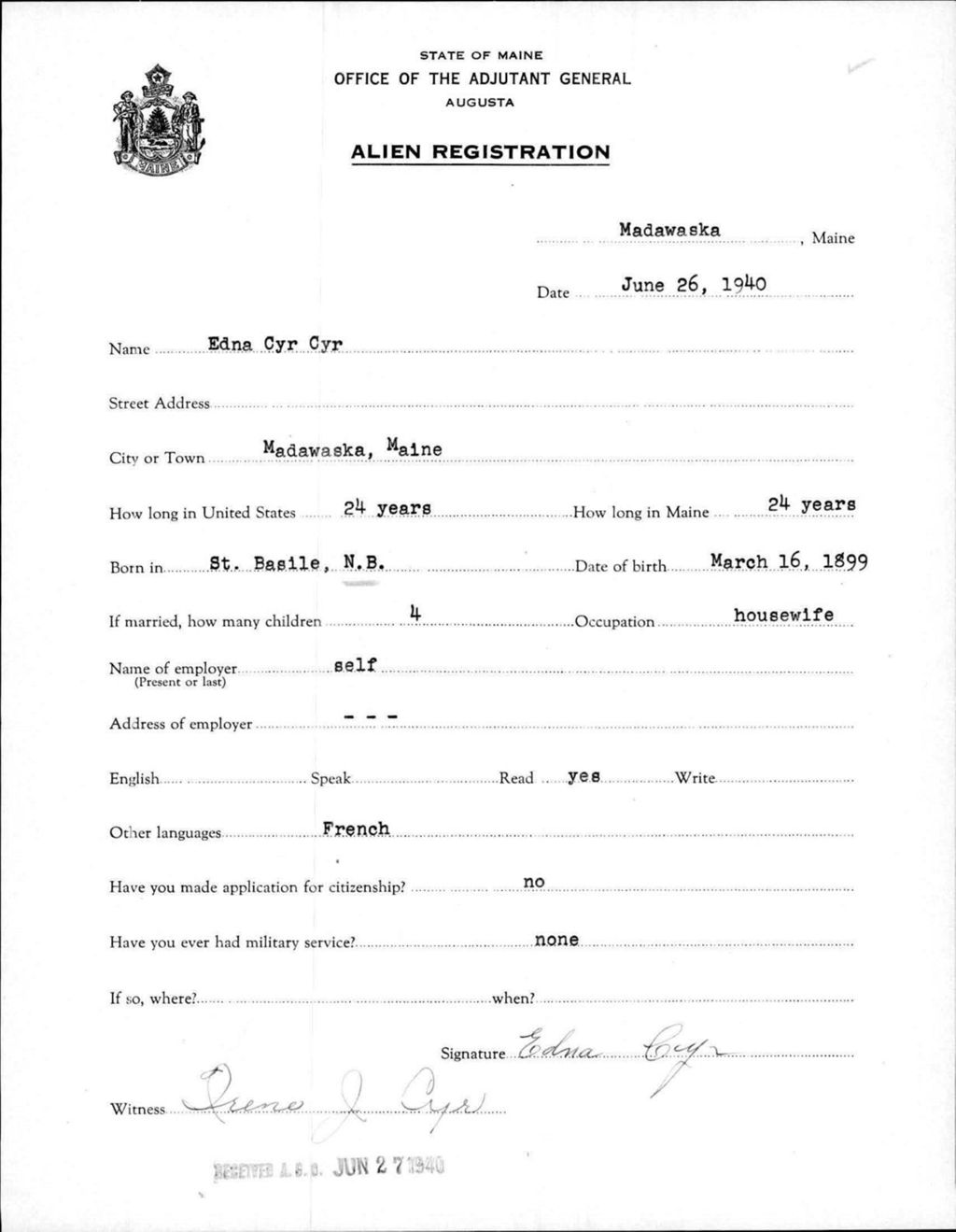 Miniature of Alien Registration- Cyr, Edna C. (Madawaska, Aroostook County)