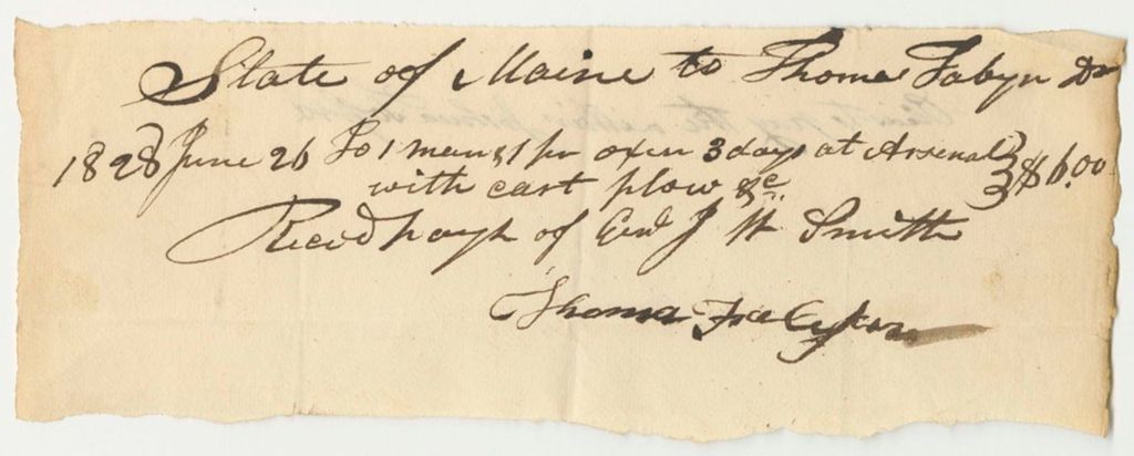 Miniature of Receipt for Thomas Fabyn for Work on the Fence at the State Arsenal