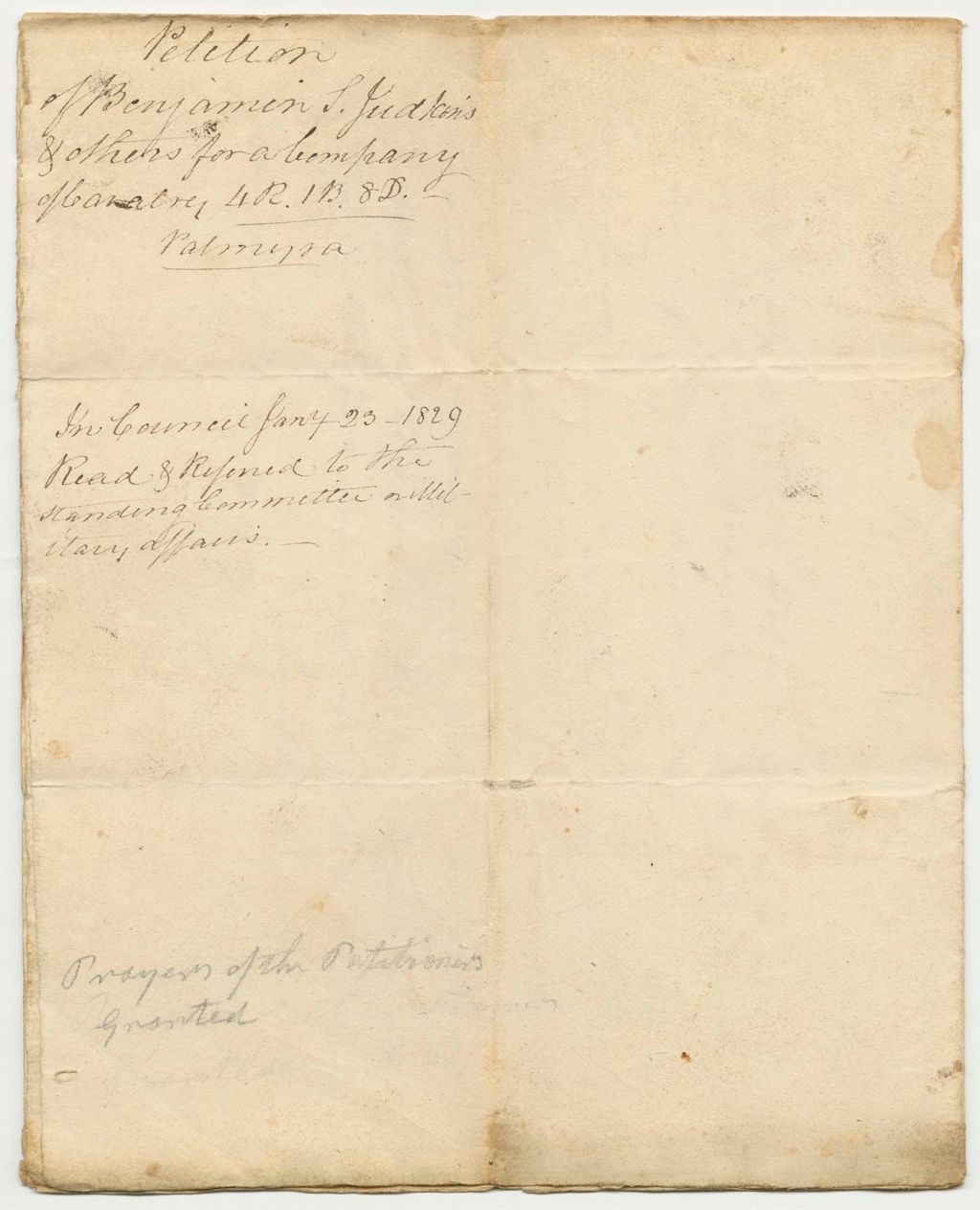 Miniature of Petition of Benjamin S. Judkins and Others for a Company of Cavalry in Palmyra