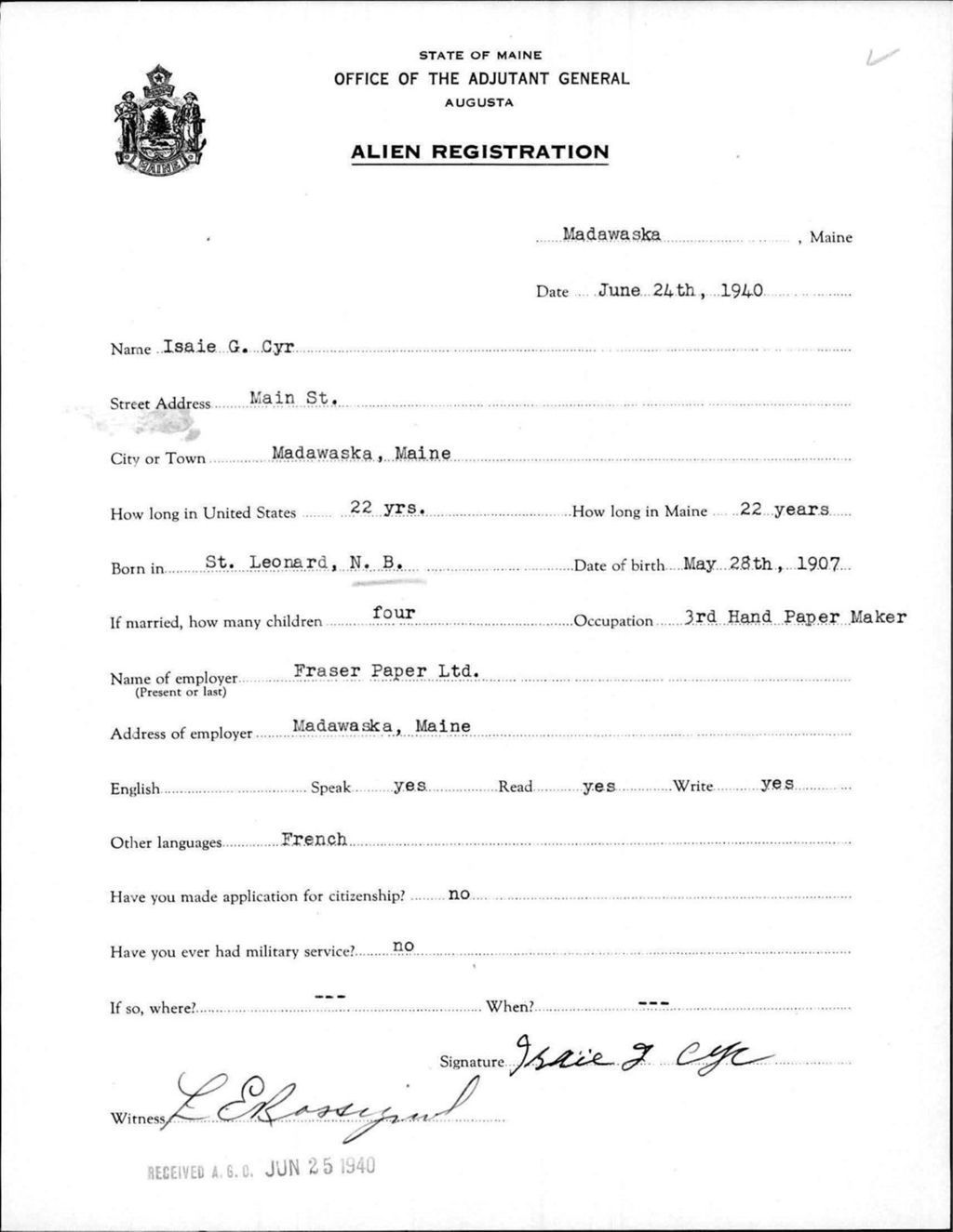 Miniature of Alien Registration- Cyr, Isaie G. (Madawaska, Aroostook County)
