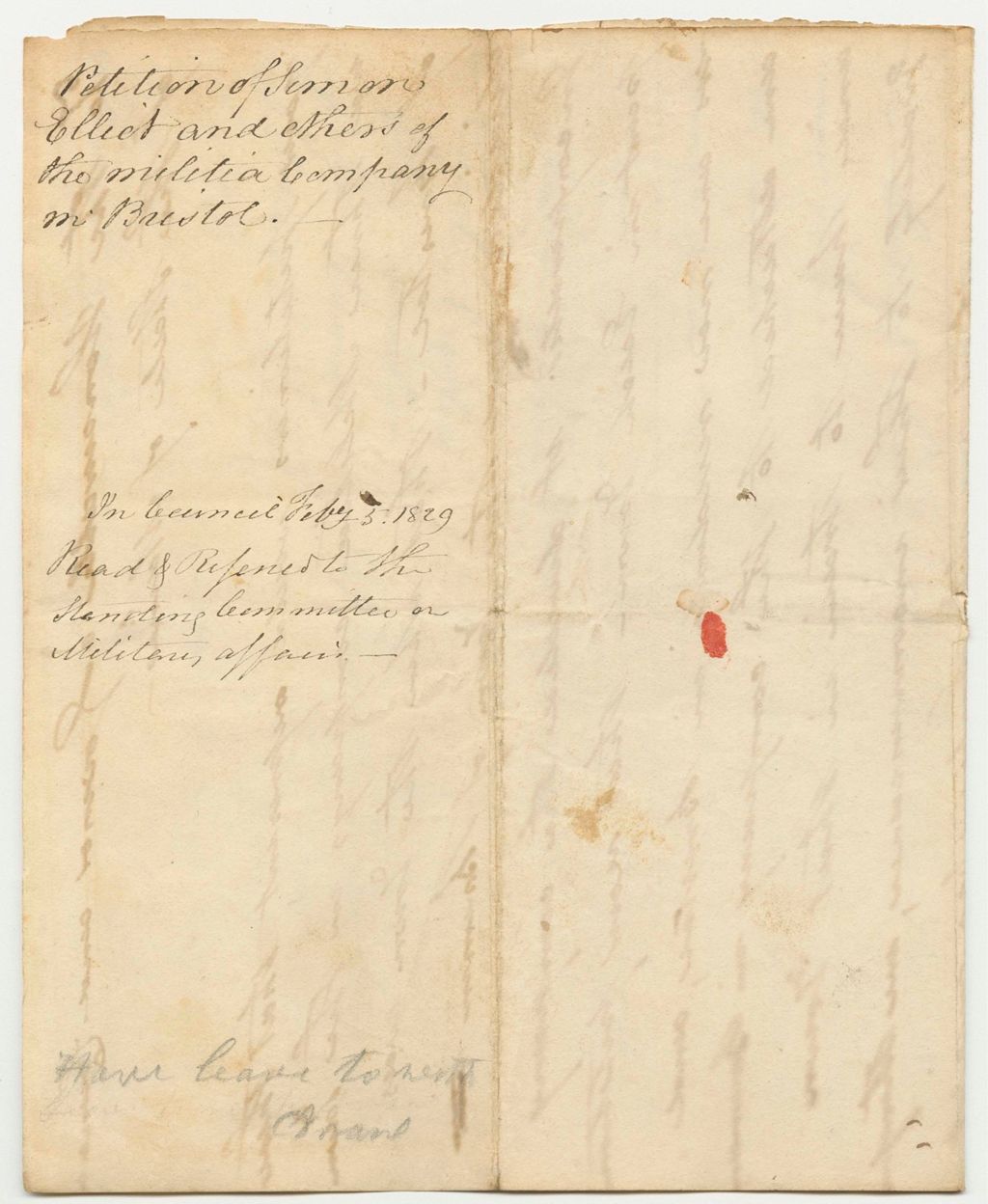 Miniature of Petition of Simon Elliot and Others of the Militia Company in Bristol