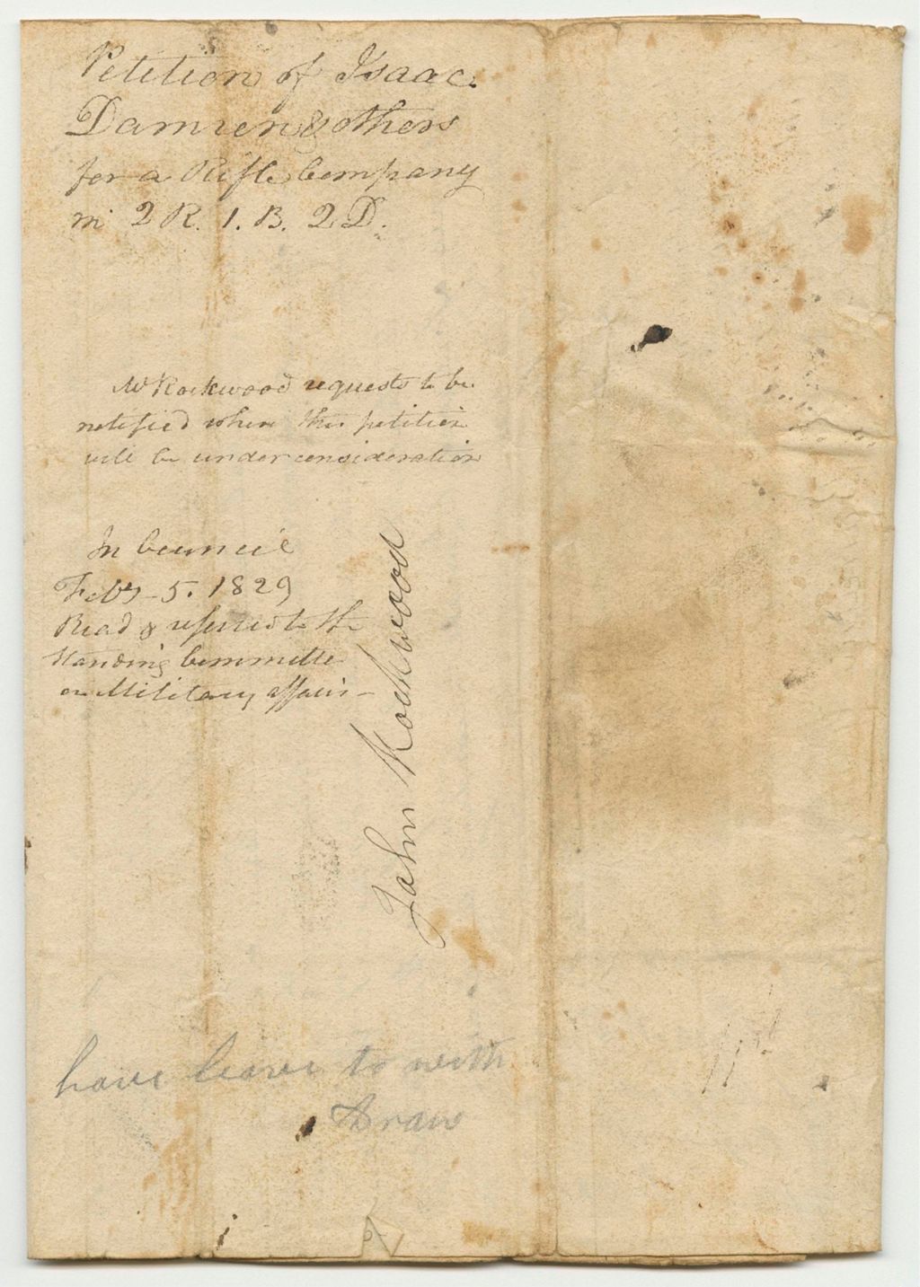 Miniature of Petition of Isaac Damren and Others, for a Rifle Compant in 2R.1B.2D.