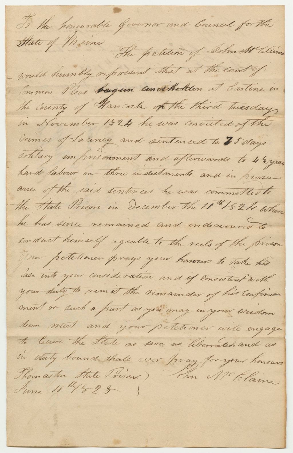 Miniature of Petition of John McLaine for a Pardon