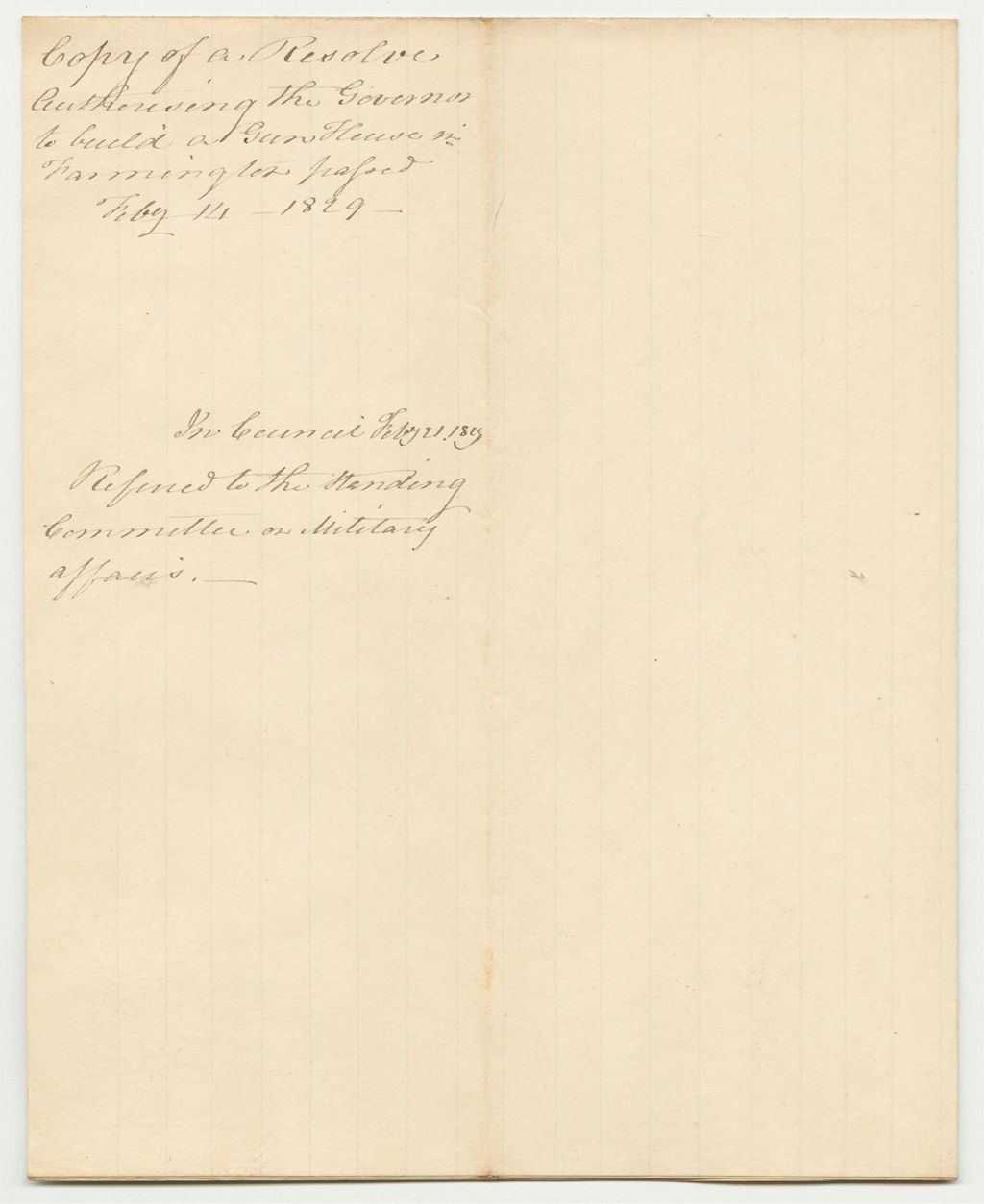Miniature of Copy of a Resolve Authorising the Governor to Build a Gun House in Farmington