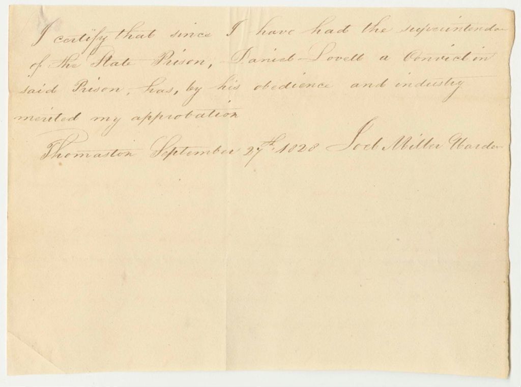 Miniature of Certification of Joel Miller, Warden of the State Prison, on the Conduct of Daniel Lovell in Prison
