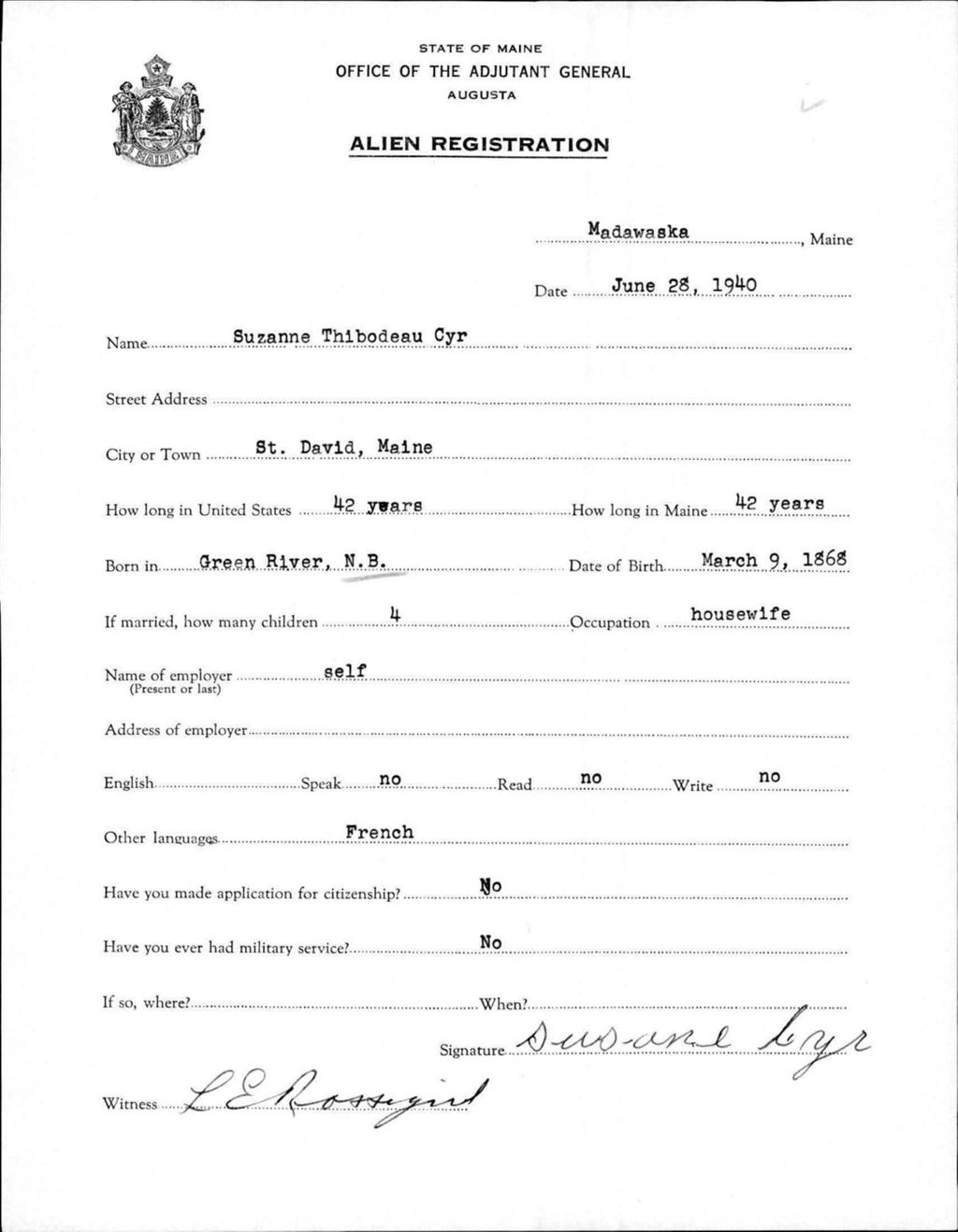 Miniature of Alien Registration- Thibodeau, Suzanne (Madawaska, Aroostook County)