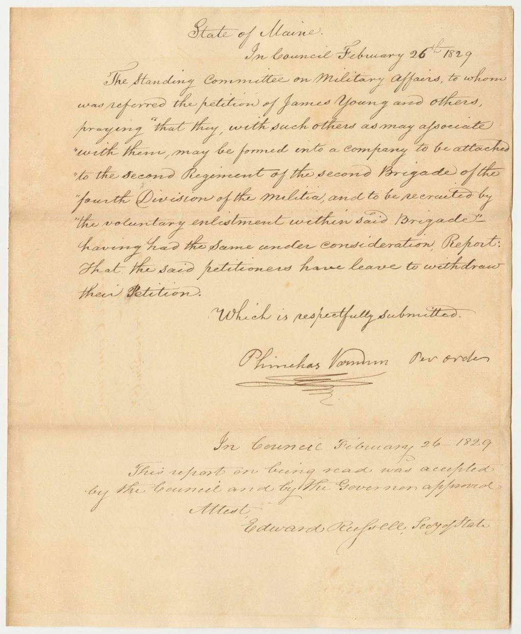 Miniature of Report 69: Report on the Petition of James Young and Others for a Volunteer Company in the 2nd Regiment 2nd Brigade 4th Division