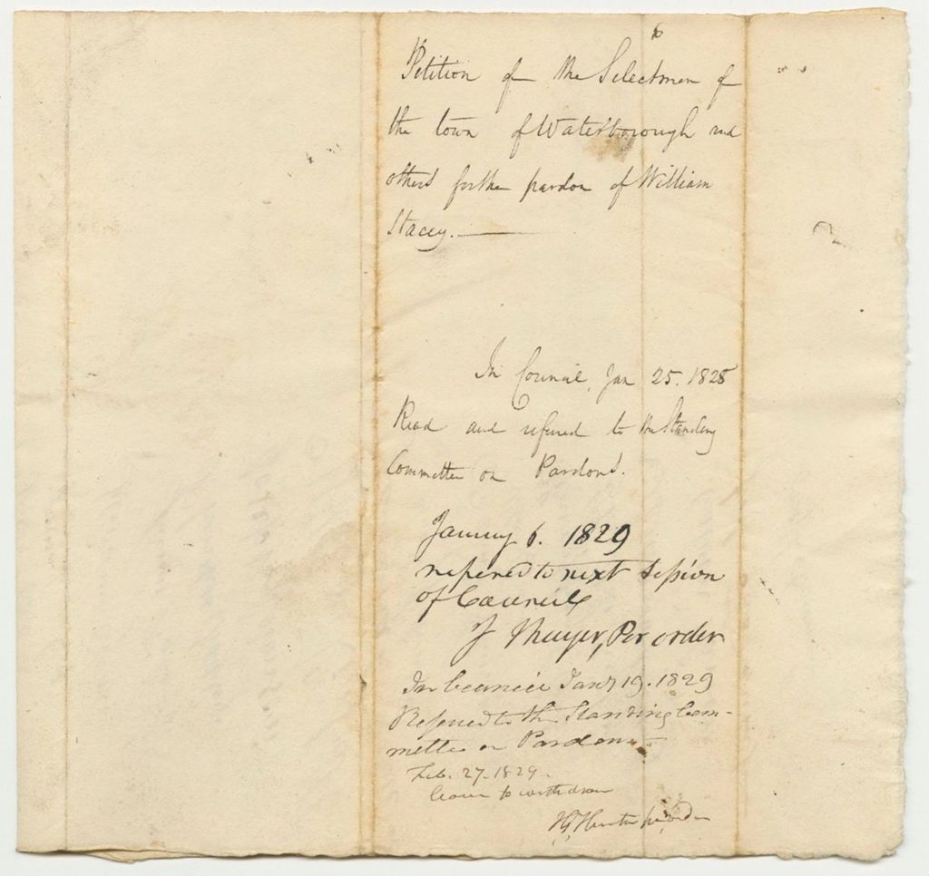 Miniature of Petition of the Selectmen of Waterborough and Others for the Pardon of William Stacey