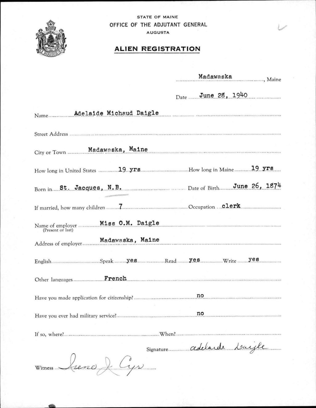 Miniature of Alien Registration- Michaud, Adelaide (Madawaska, Aroostook County)