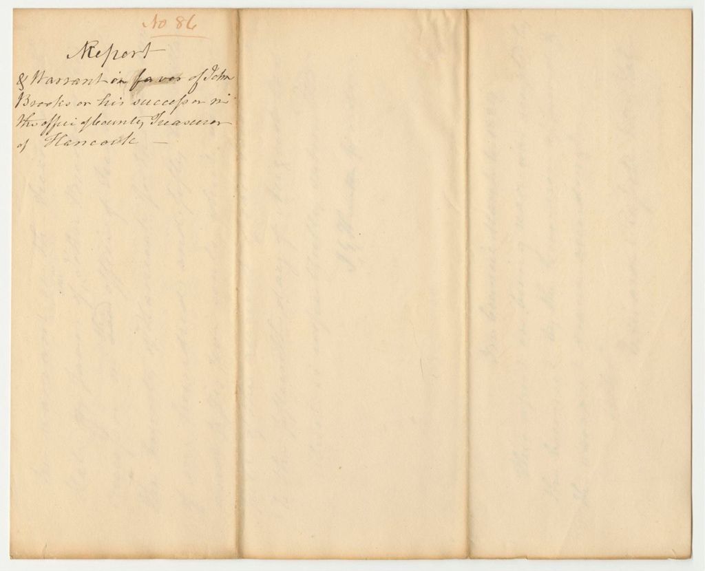 Miniature of Report 86: Report and Warrant in Favor of John Brooks or His Successor in the Office of County Treasurer of Hancock County