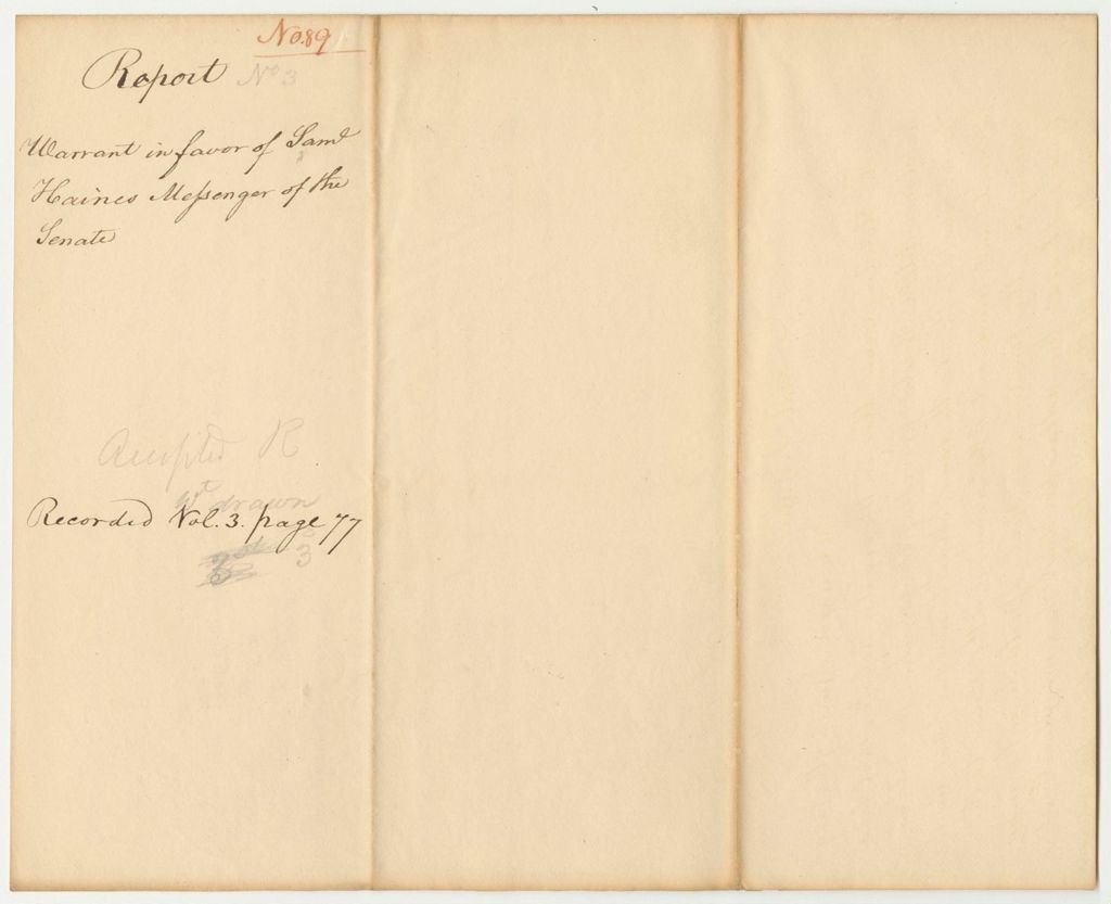 Miniature of Report 89: Report on the Warrant in Favor of Samuel Haines, Messenger of the Senate
