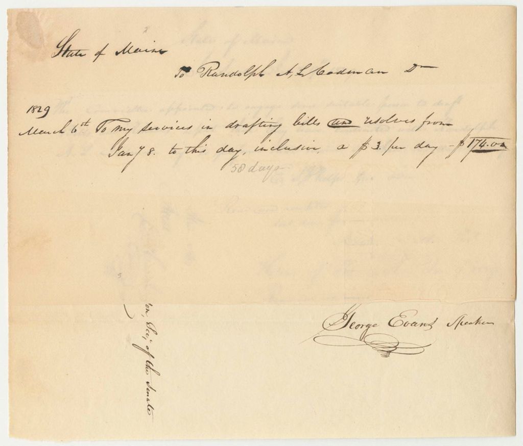 Miniature of Warrant in Favor of Randolph A.L. Codman, Clerk of the Legislature for Drafting Bills and Resolves