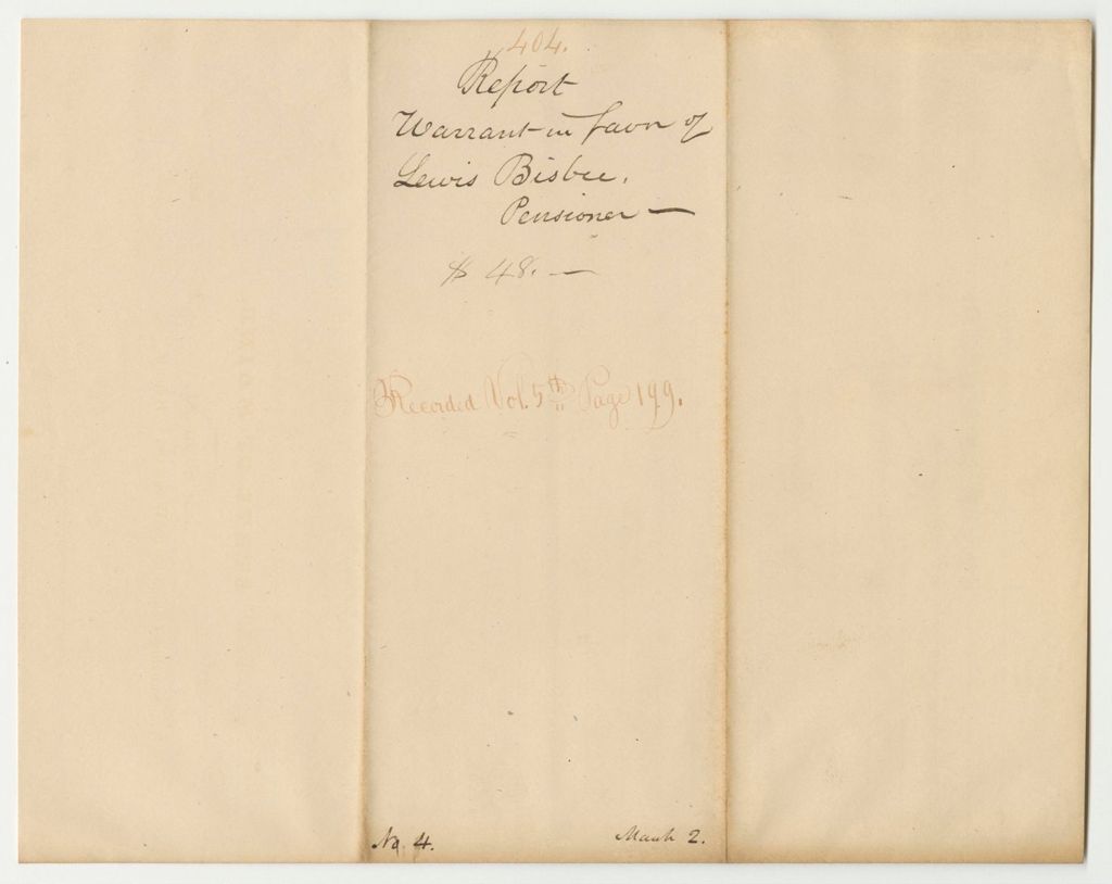 Miniature of Report 404: Warrant in Favor of Lewis Bisbee, Pensioner