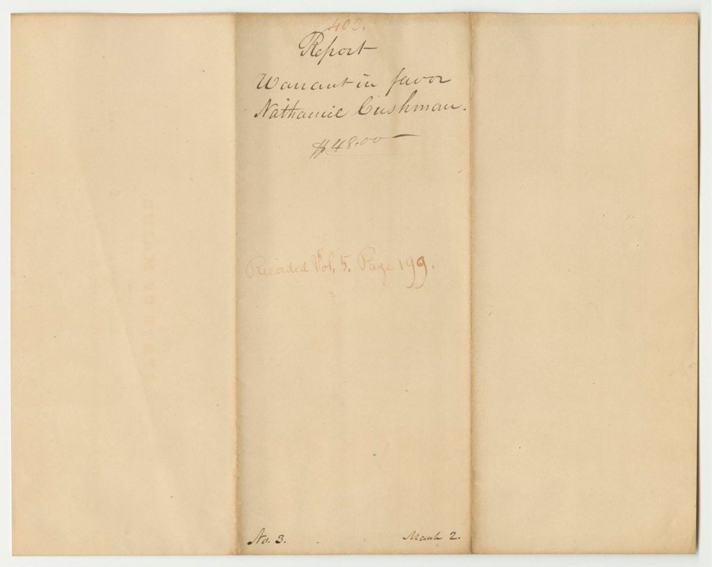 Miniature of Report 403: Warrant in Favor of Nathaniel Cushman for a Pension