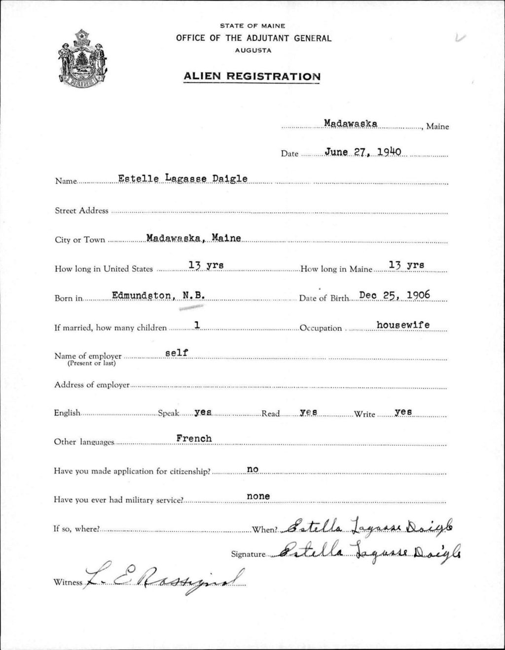 Miniature of Alien Registration- Lagasse, Estelle (Madawaska, Aroostook County)