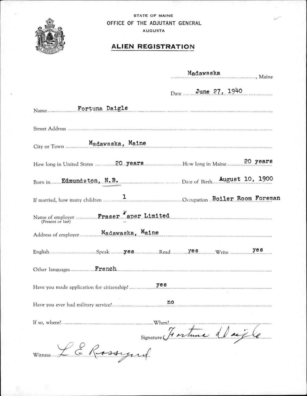 Miniature of Alien Registration- Daigle, Fortuna (Madawaska, Aroostook County)