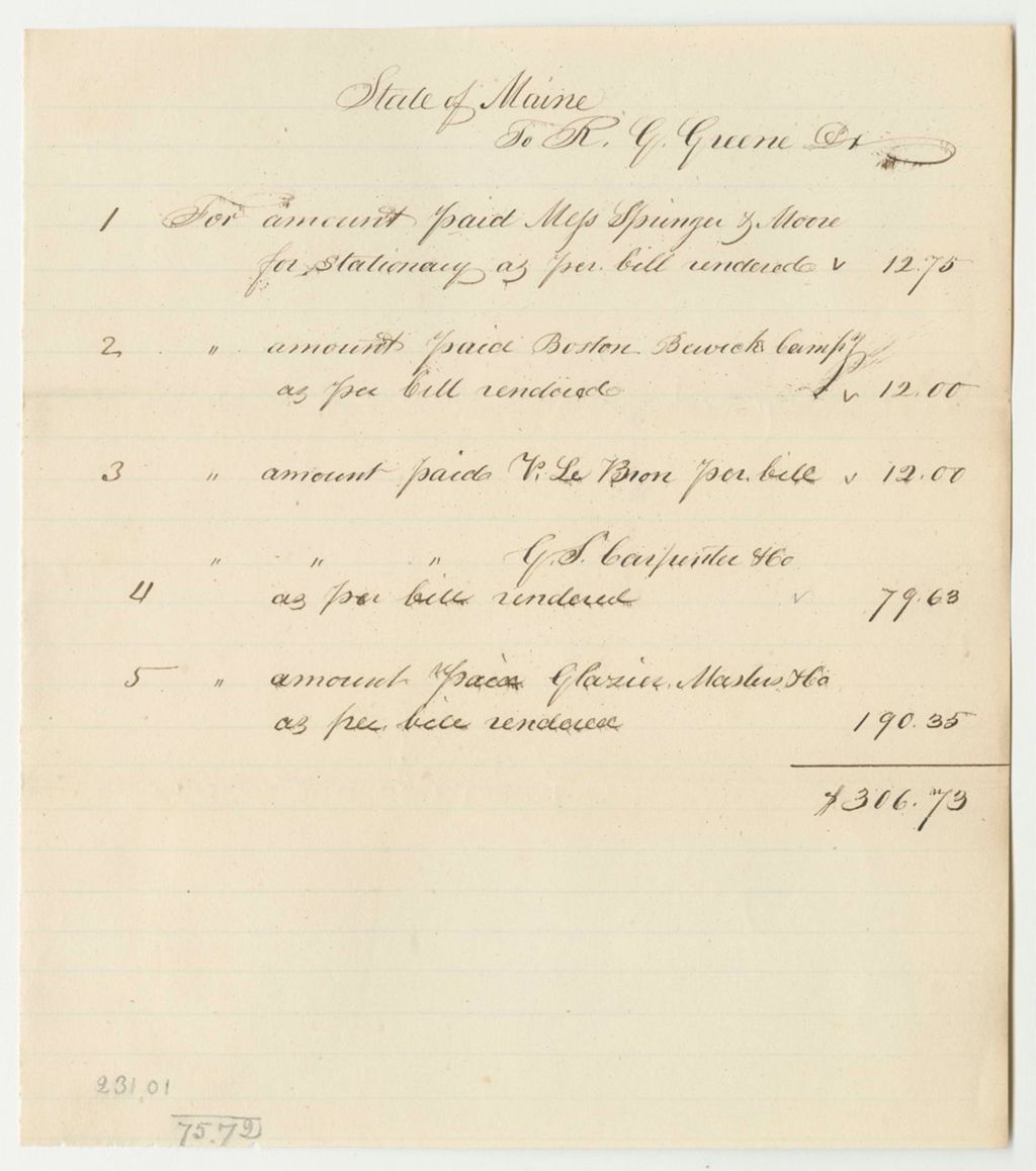 Miniature of Account of Roscoe G. Greene, Secretary of State, for Stationary and Books