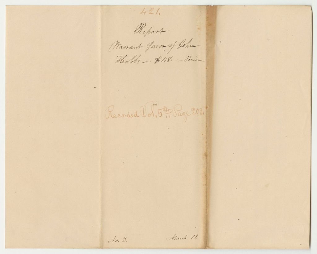 Miniature of Report 421: Warrant in Favor of John Hobbs, Pensioner