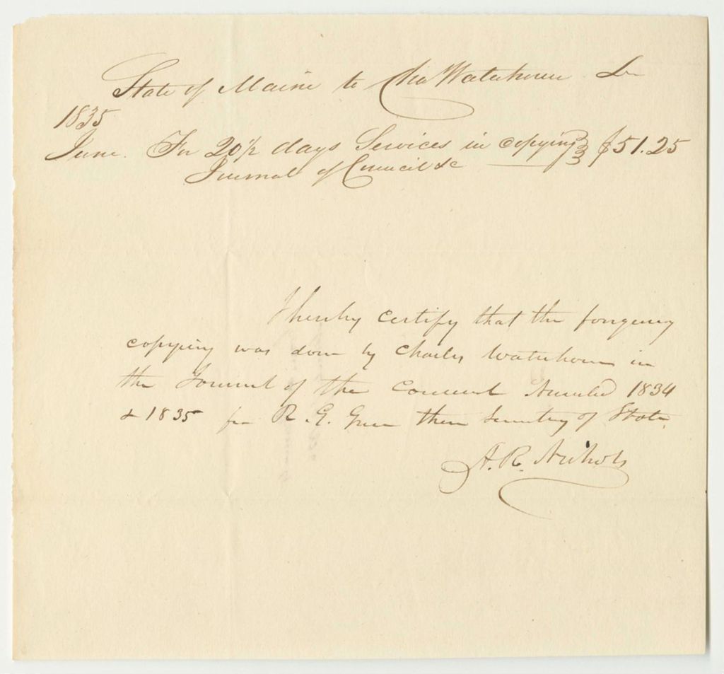 Miniature of Account of Charles Waterhouse for Copying the Journal in the Office of the Secretary of State