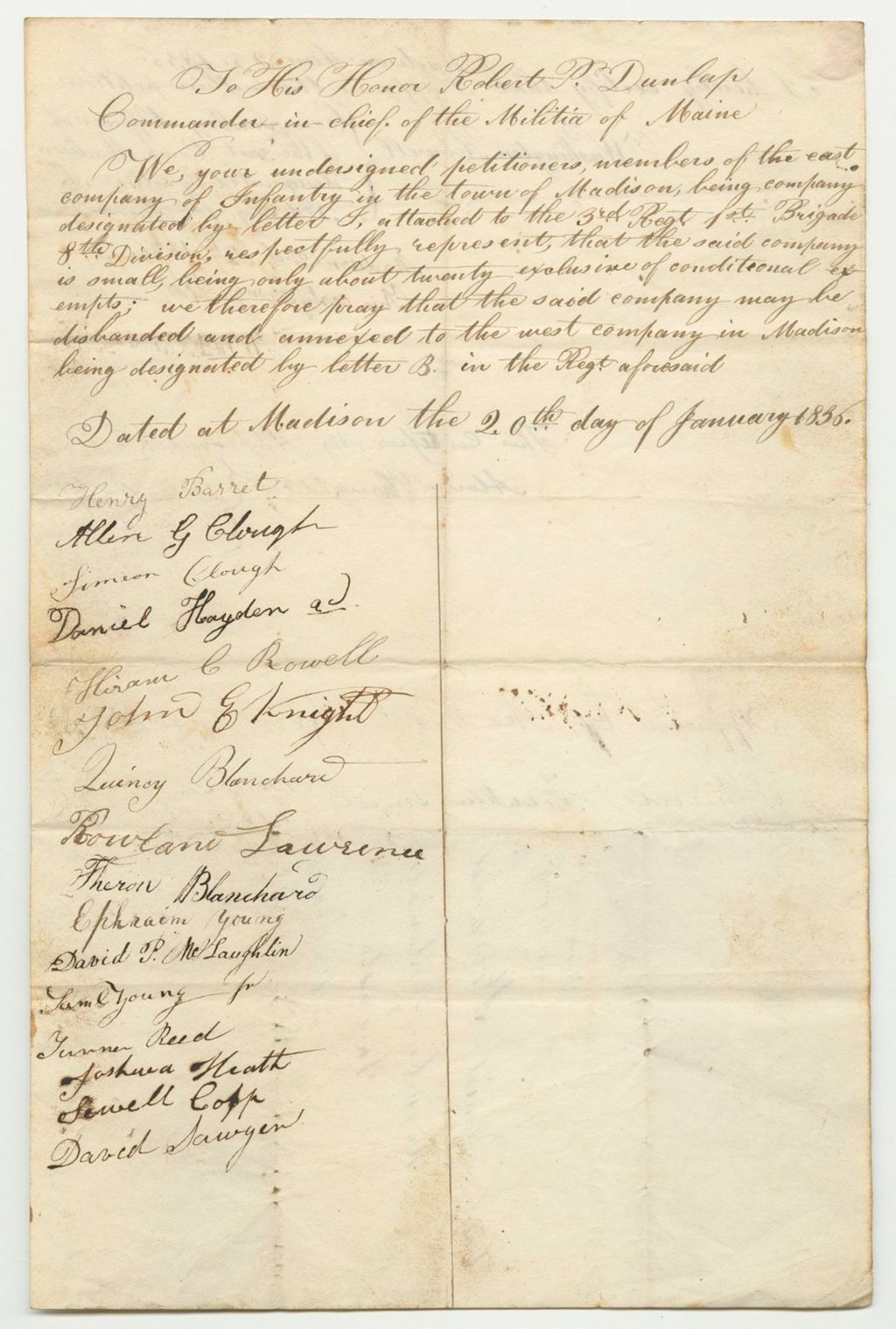 Miniature of Petition to Disband a Company of Infantry in Madison