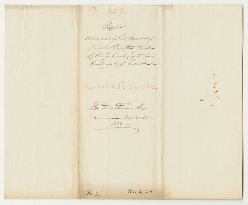 Miniature of Report 429: Report Approving the Bond of Jacob Smith, Clerk of the Judicial Courts of Lincoln County