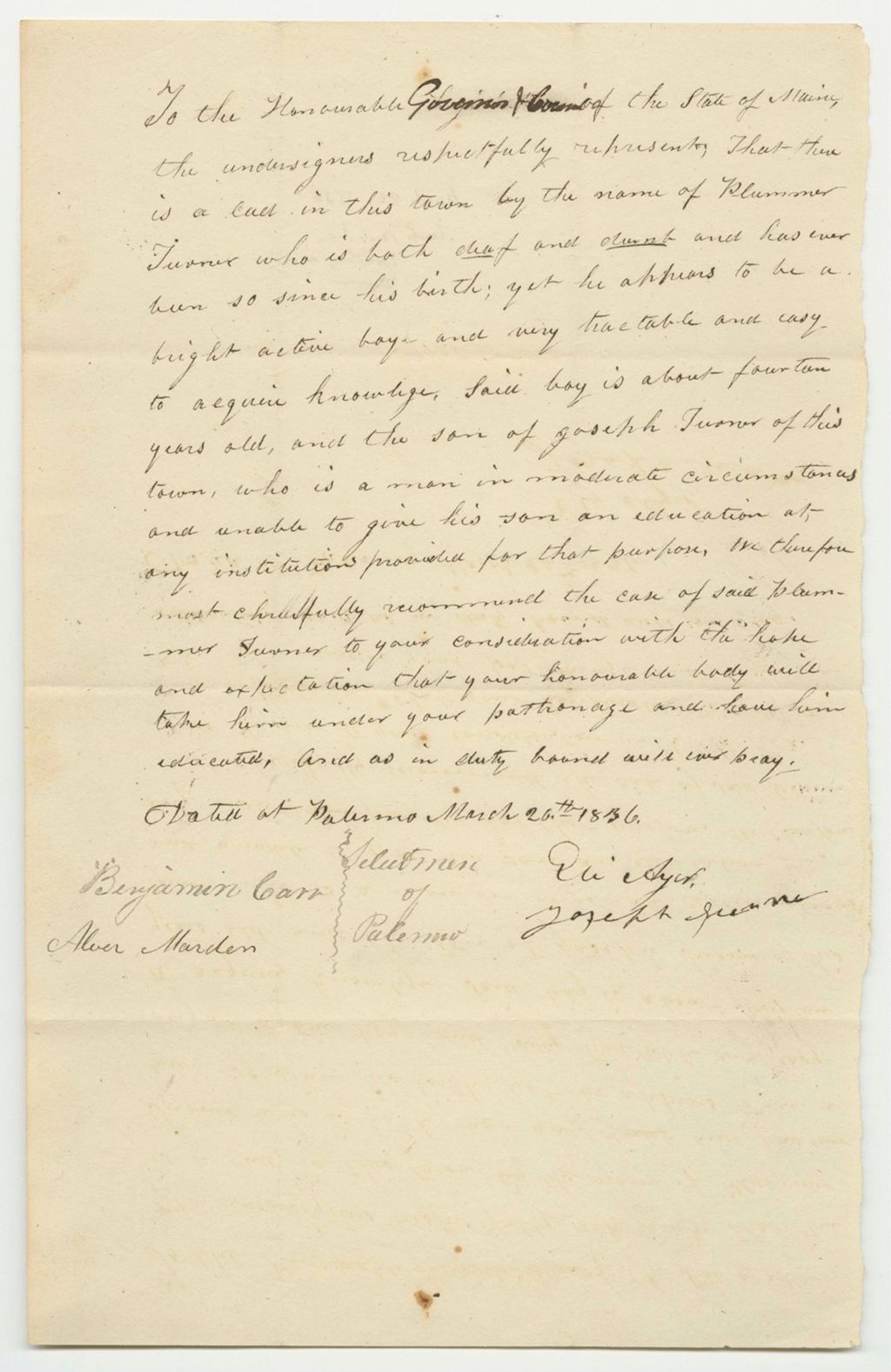Miniature of Petition of Eli Ayer to Have Plummer Turner Admitted to the American Asylum