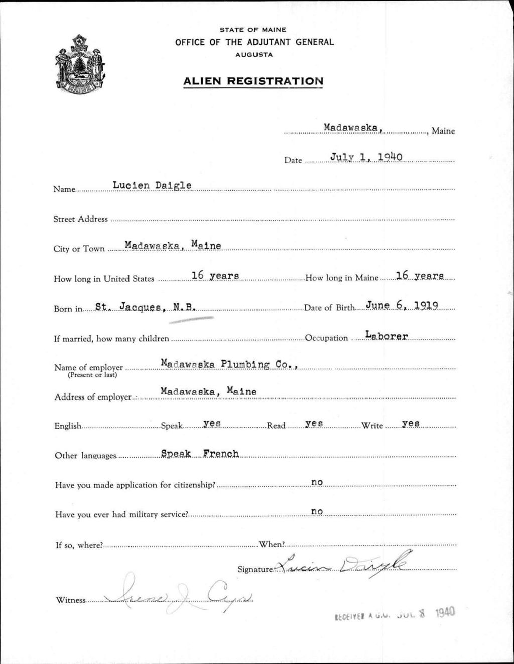 Miniature of Alien Registration- Daigle, Lucien (Madawaska, Aroostook County)