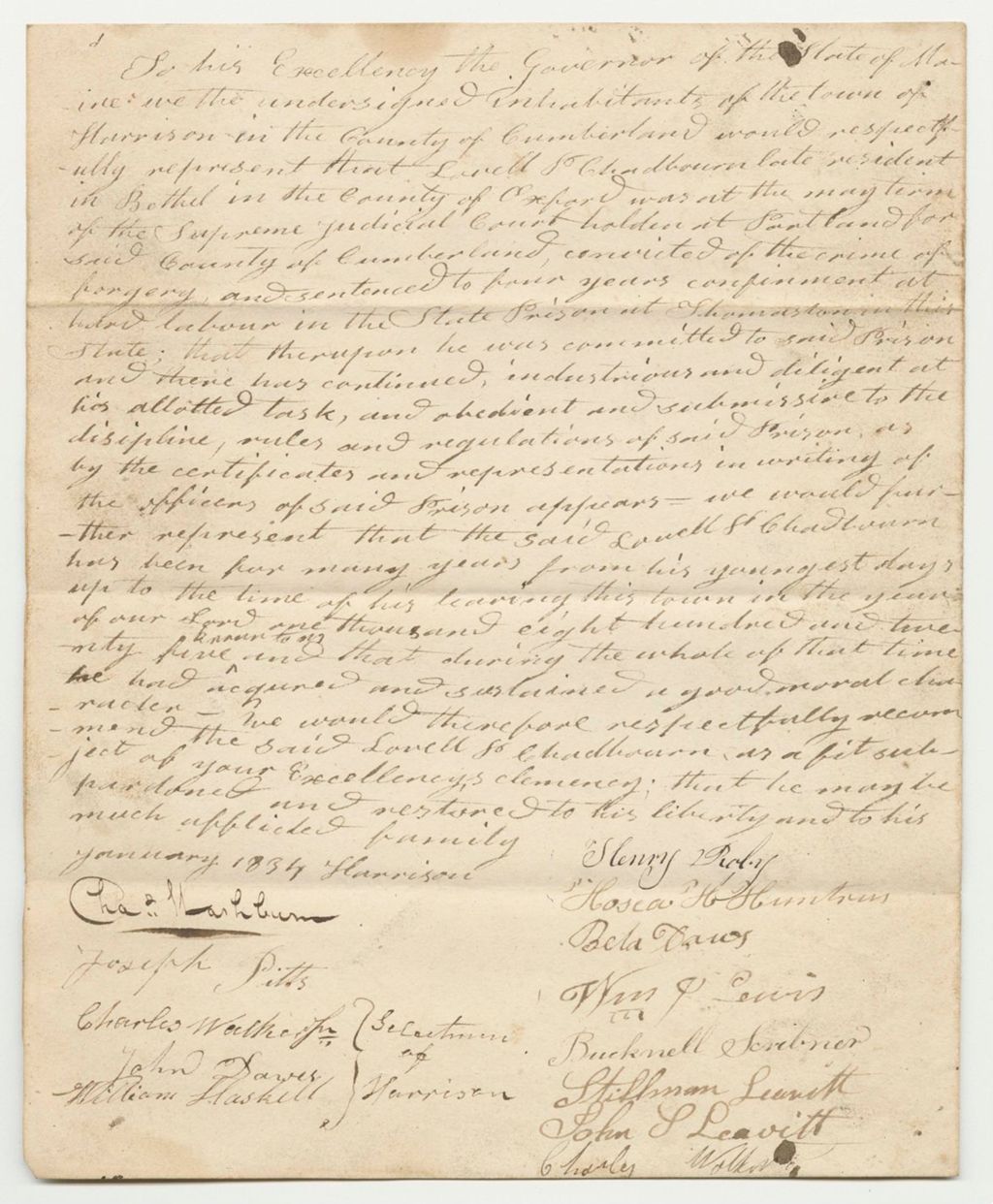 Miniature of Petition of the Inhabitants of the Town of Harrison for the Pardon of Lowell P. Chadbourne