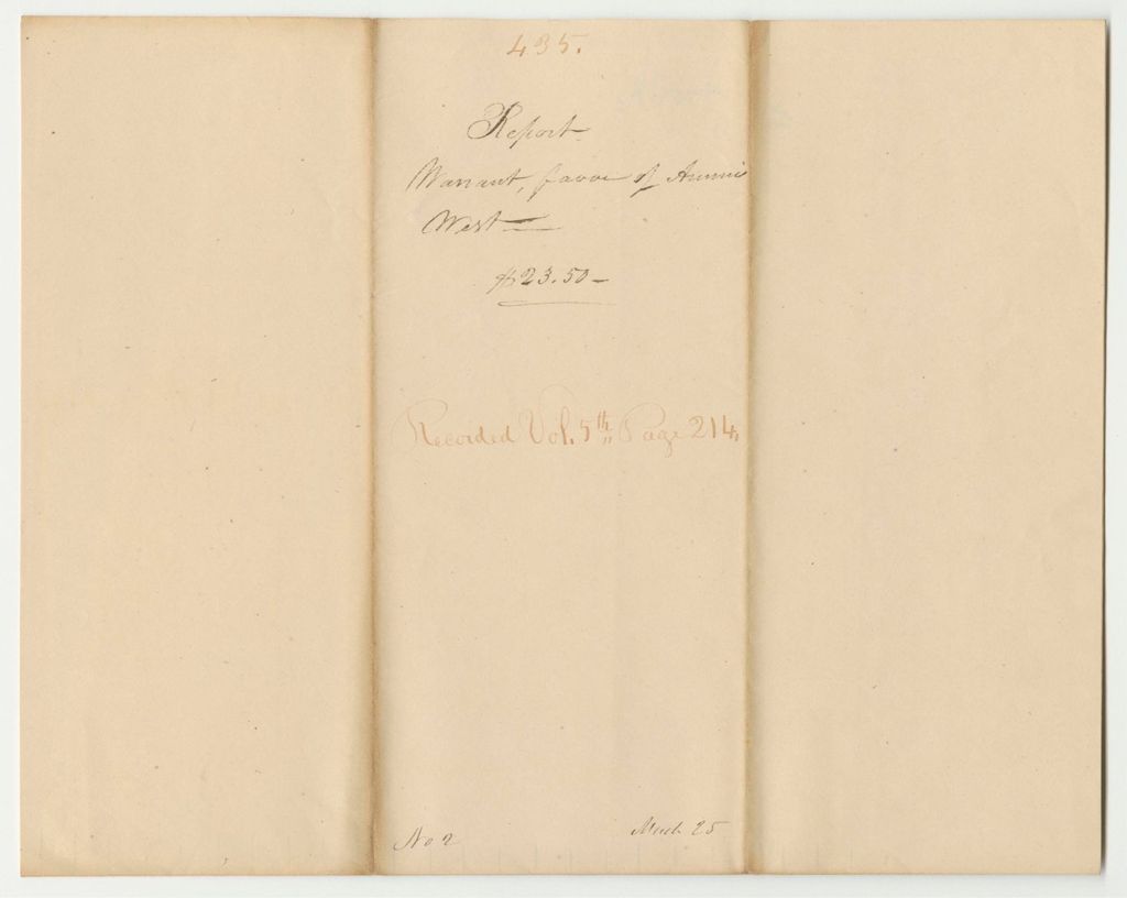 Miniature of Report 435: Warrant in Favor of Ammi West for Services Connected with the Settlement of Accounts of the Managers of the Steam Navigation Lottery