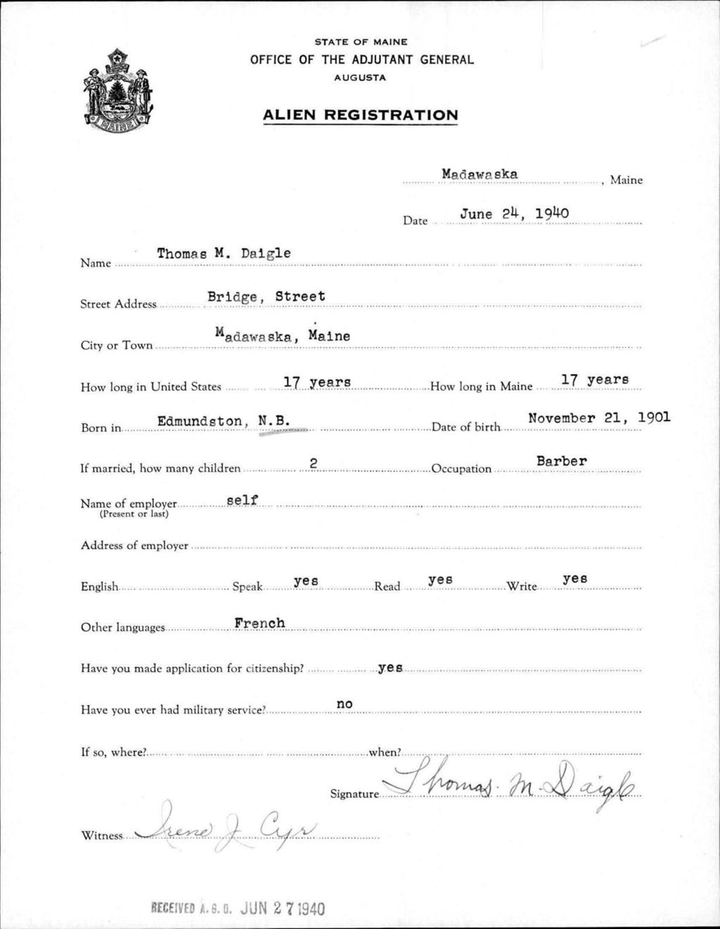 Miniature of Alien Registration- Daigle, Thomas M. (Madawaska, Aroostook County)