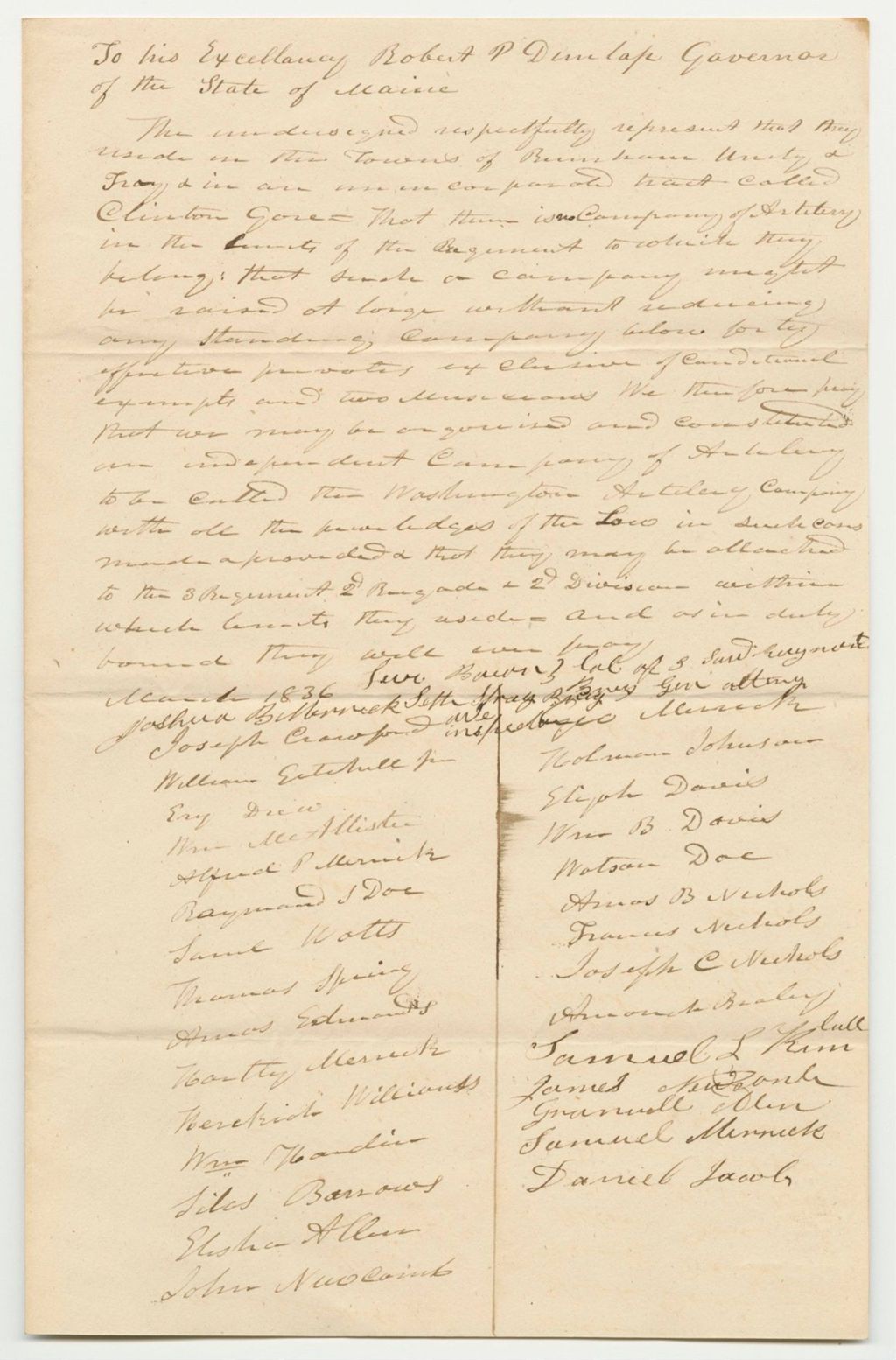 Miniature of Petition to Raise a Company of Artillery in the Towns of Burnham, Unity, and Troy