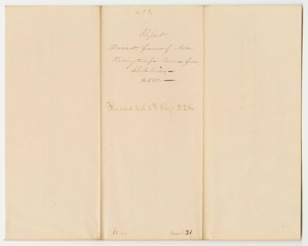 Miniature of Report 458: Warrant in Favor of Asa Redington Jr., State Treasurer, for Clerk Hire