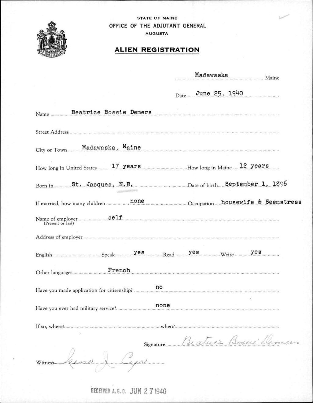 Miniature of Alien Registration- Bossie, Beatrice (Madawaska, Aroostook County)