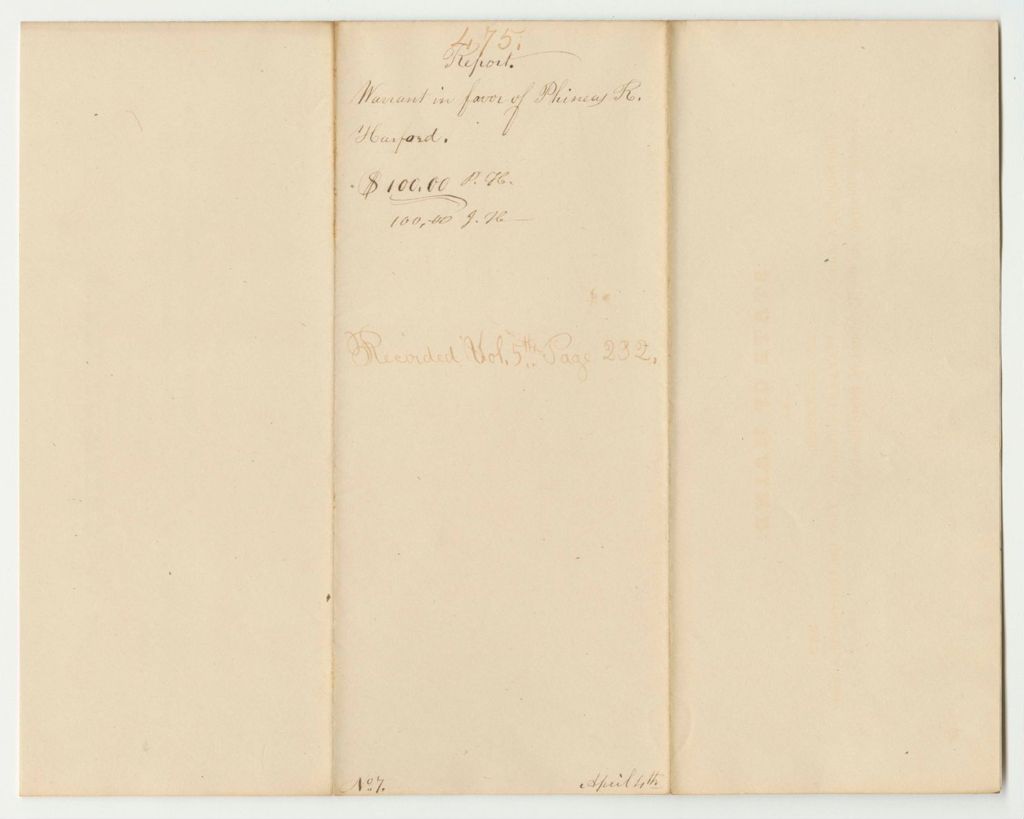 Miniature of Report 475: Warrants in Favor of Phineas R. Harford and John Harford