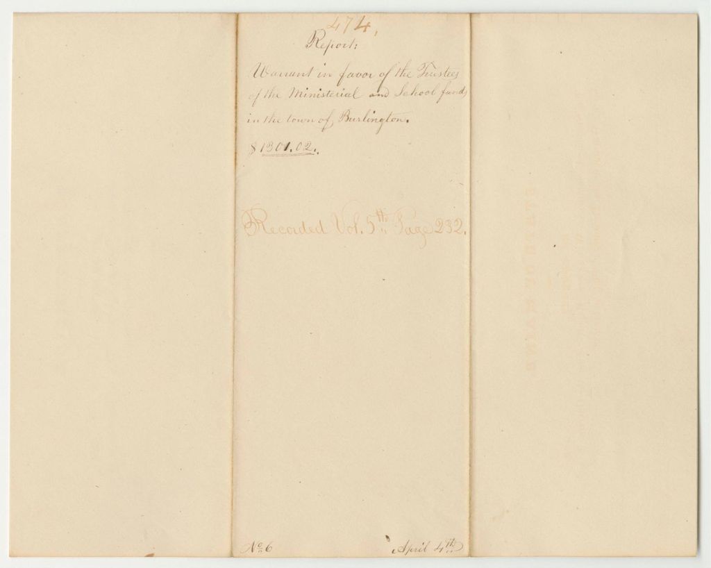 Miniature of Report 474: Warrant in Favor of the Trustees of the Ministerial and School Funds, in the Town of Burlington
