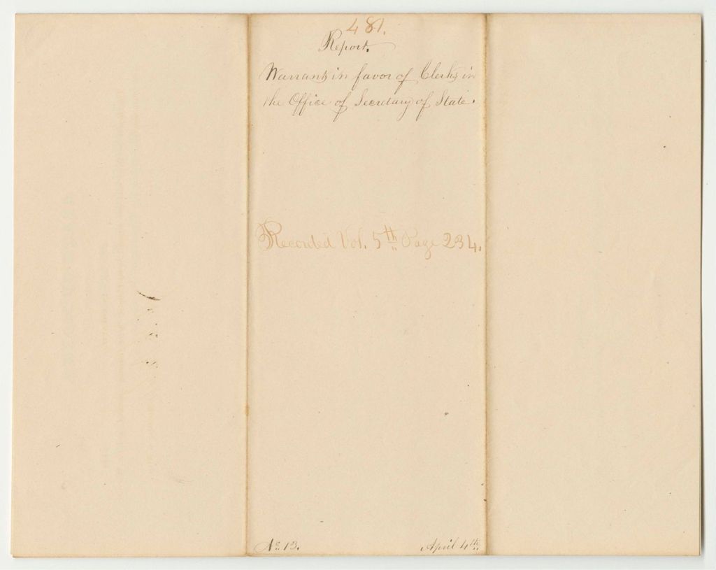 Miniature of Report 481: Warrant in Favor of the Clerks in the Office of the Secretary of State
