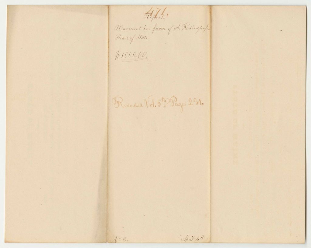 Miniature of Report 471: Warrant in Favor of Asa Redington Jr., Treasurer of State, for Contingent Expenses