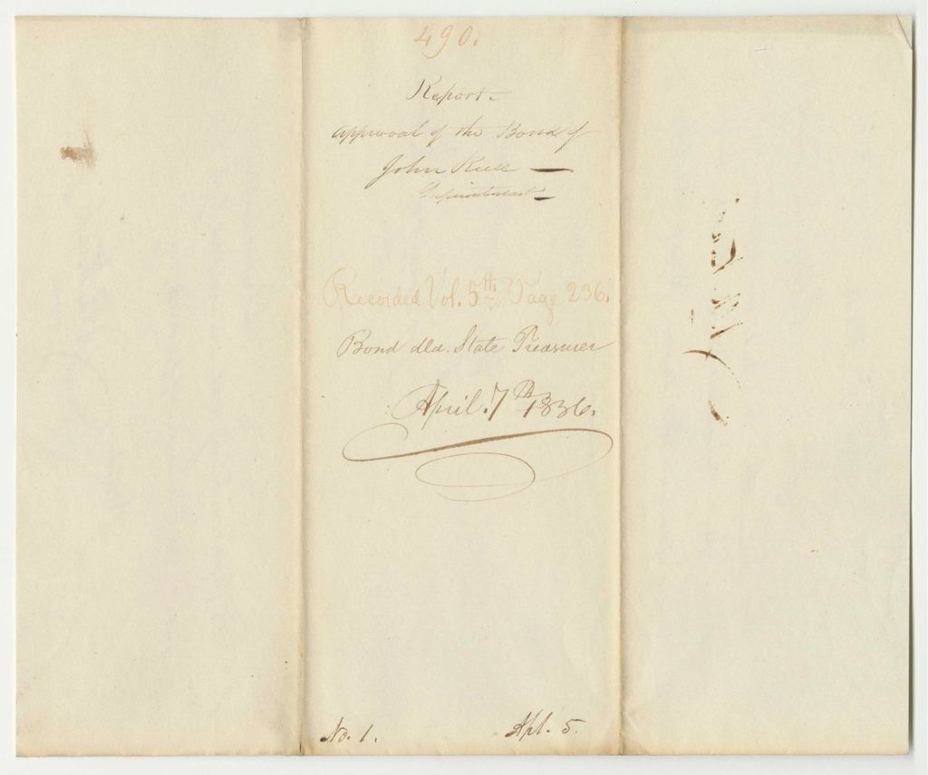 Miniature of Report 490: Report Approving the Bond of John Reed, Superintendent of Public Buildings