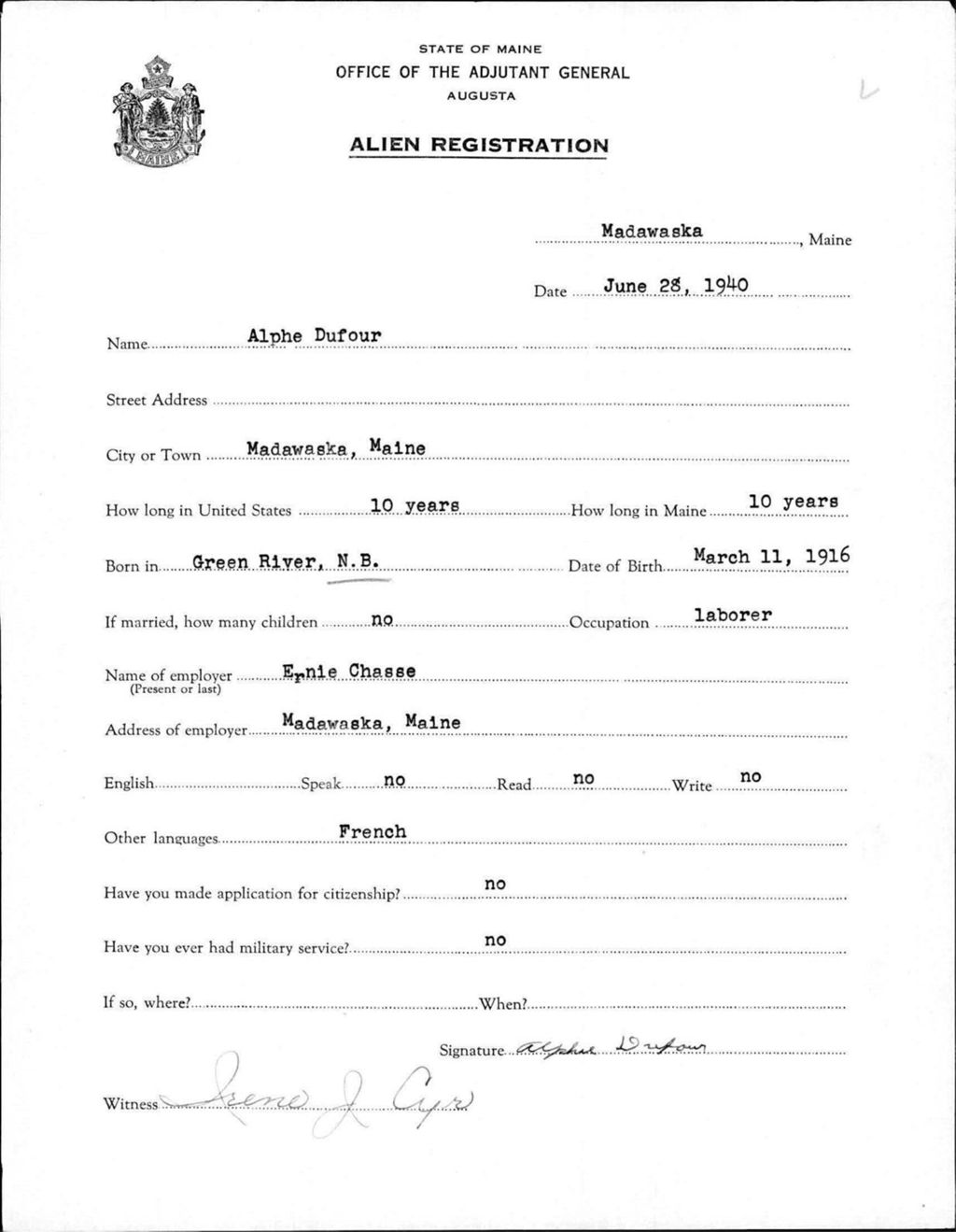 Miniature of Alien Registration- Dufour, Alphe (Madawaska, Aroostook County)