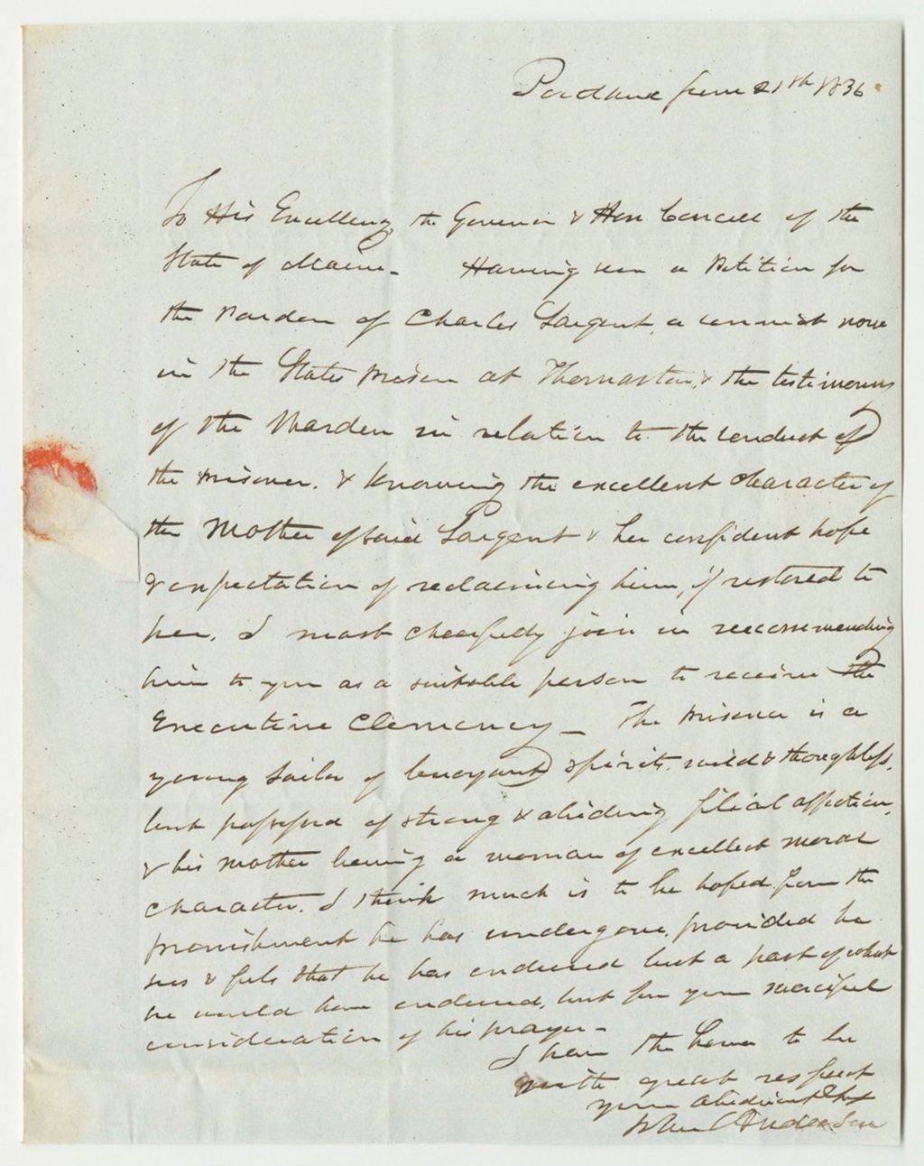 Miniature of Letter from J. Anderson, Recommending the Pardon of Charles Sargent