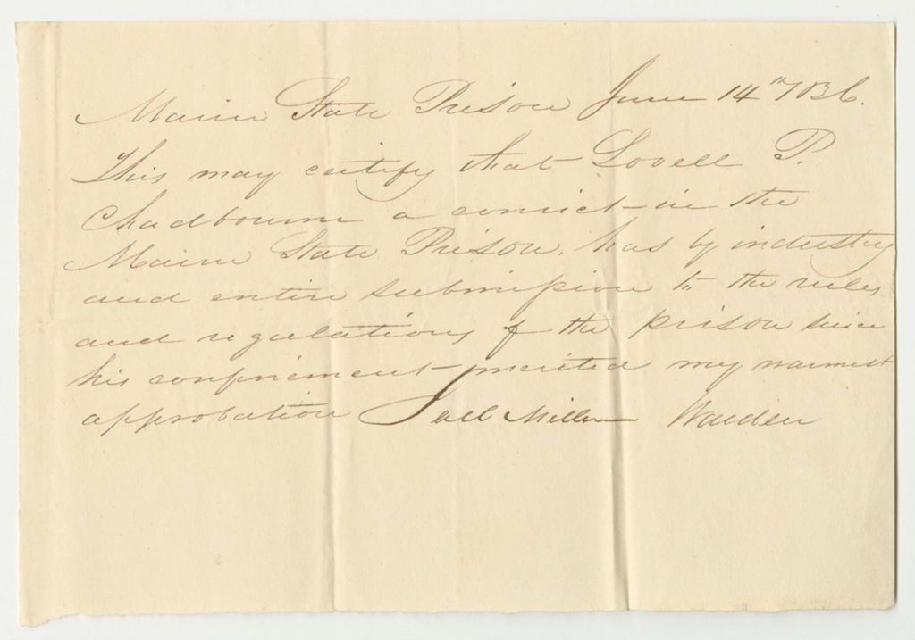 Miniature of Certificate of Joel Miller, Warden, on the Conduct of Lovell P. Chadbourne in Prison