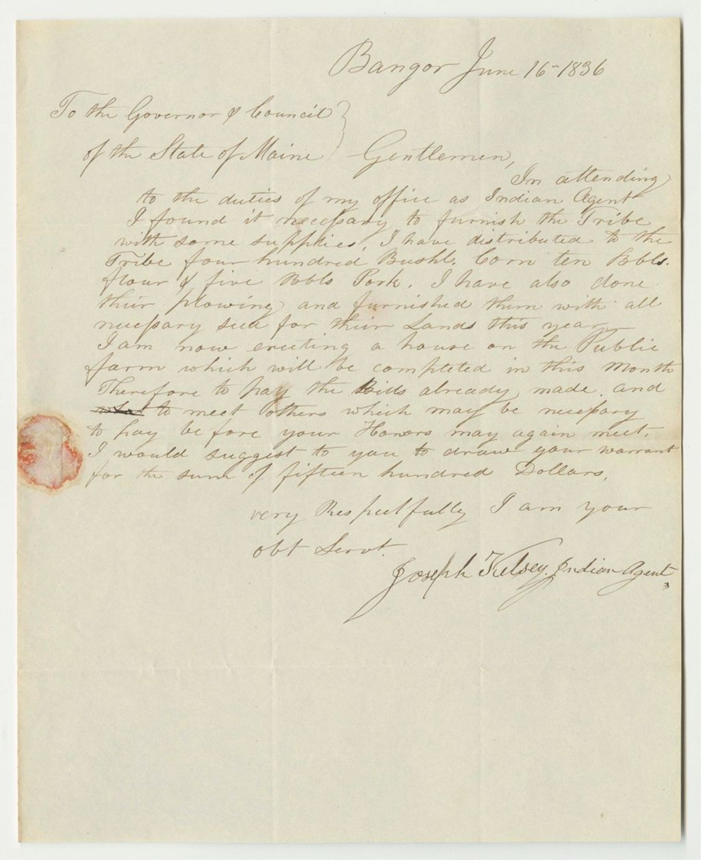 Miniature of Communication from Joseph Kelsey, Penobscot Indian Agent, Requesting a Warrant