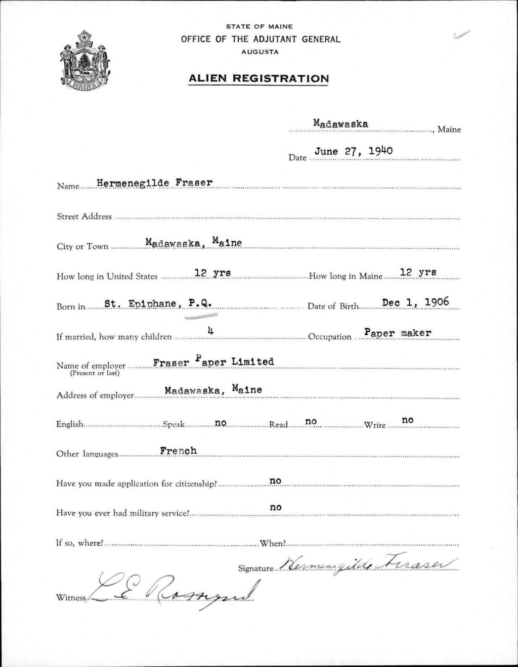 Miniature of Alien Registration- Fraser, Hermenegilde (Madawaska, Aroostook County)