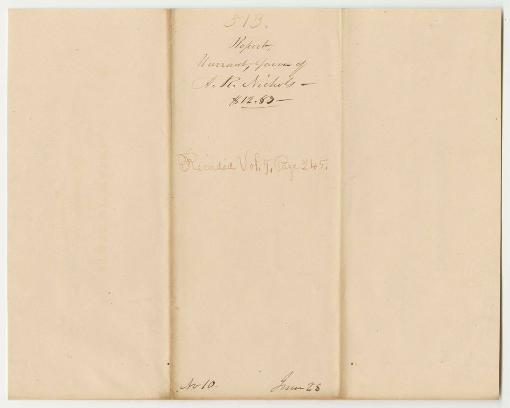 Miniature of Report 513: Warrant in Favor of Asaph R. Nichols, Secretary of State, for Contingent Expenses